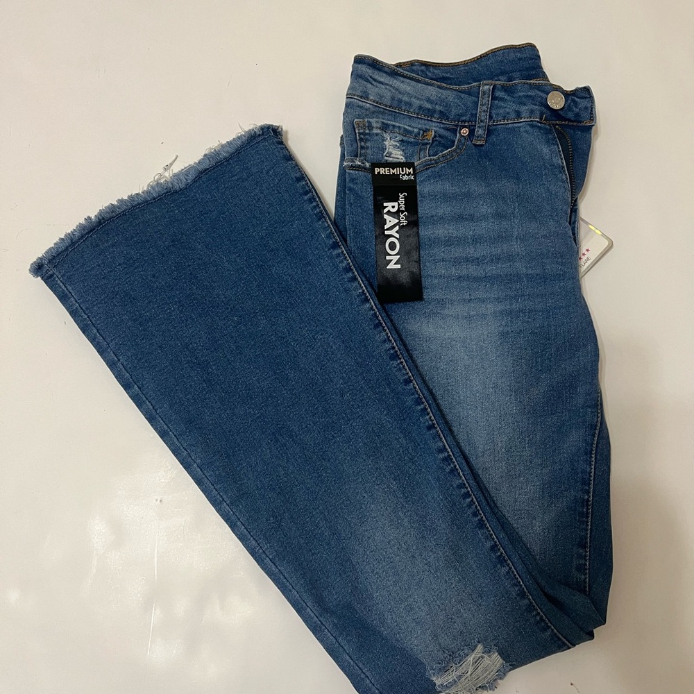 Blue Flare Wide Leg Jeans with Subtle Fading